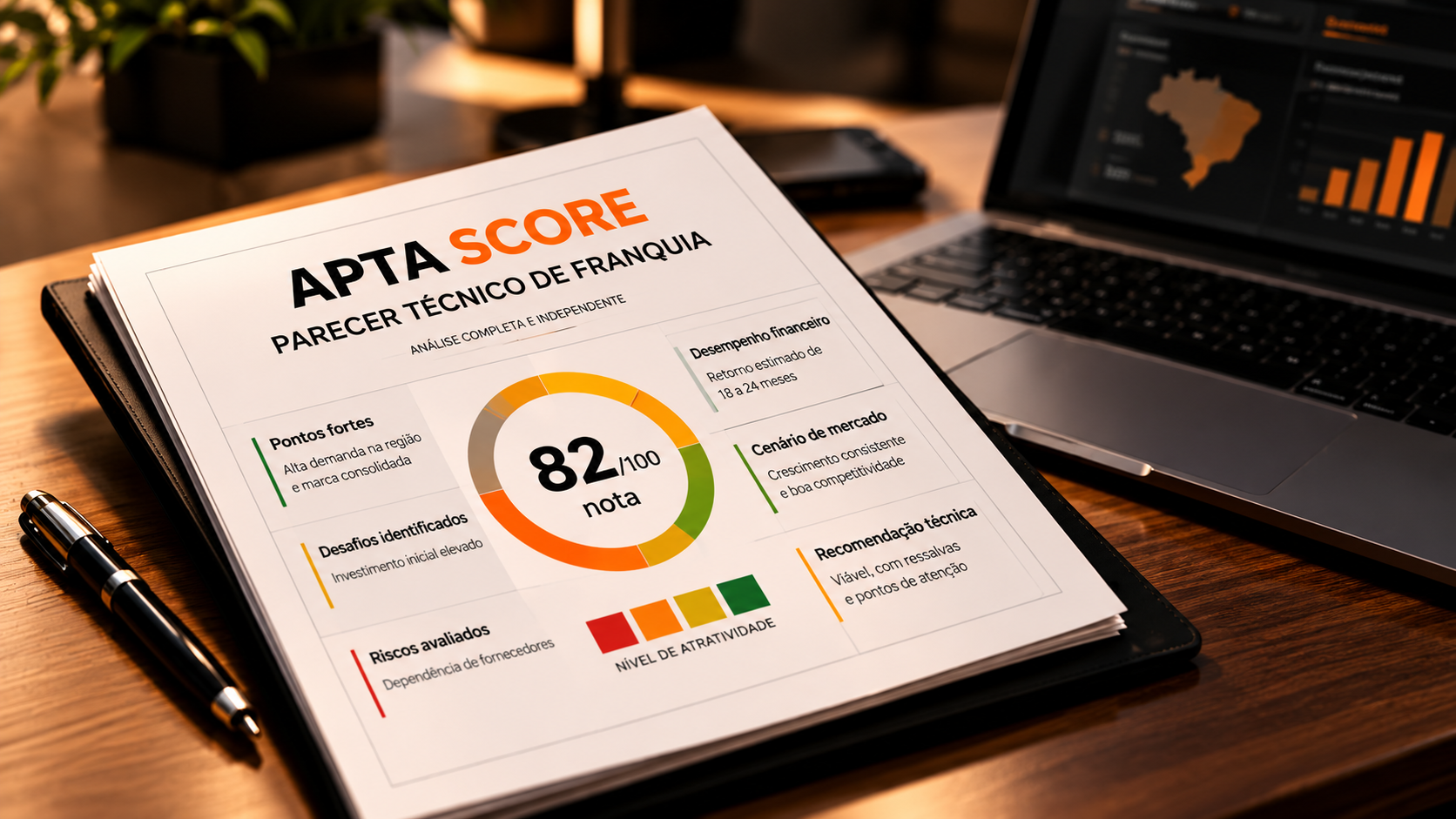 Relatório APTA Score com avaliação 82 de 100 sobre uma mesa de trabalho