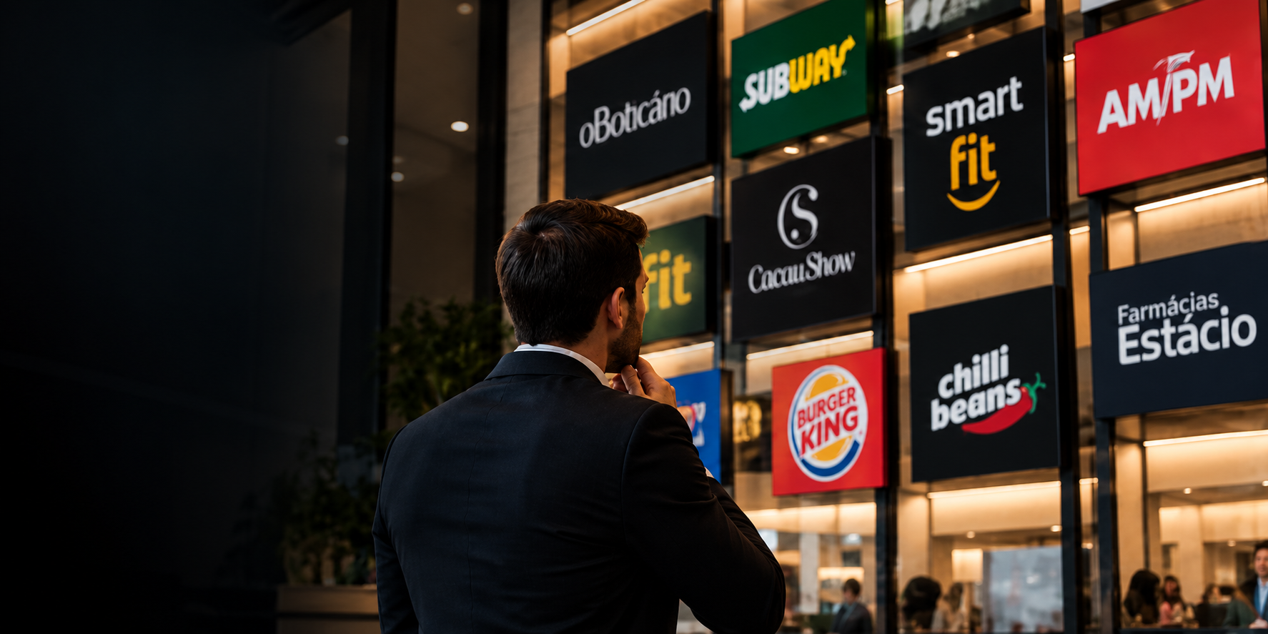 Empresário avaliando um mosaico de marcas do mercado de franquias